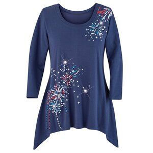 New XXL Blue Sparkling Sequin Patriotic Fireworks Display SharkBite Knit Tunic